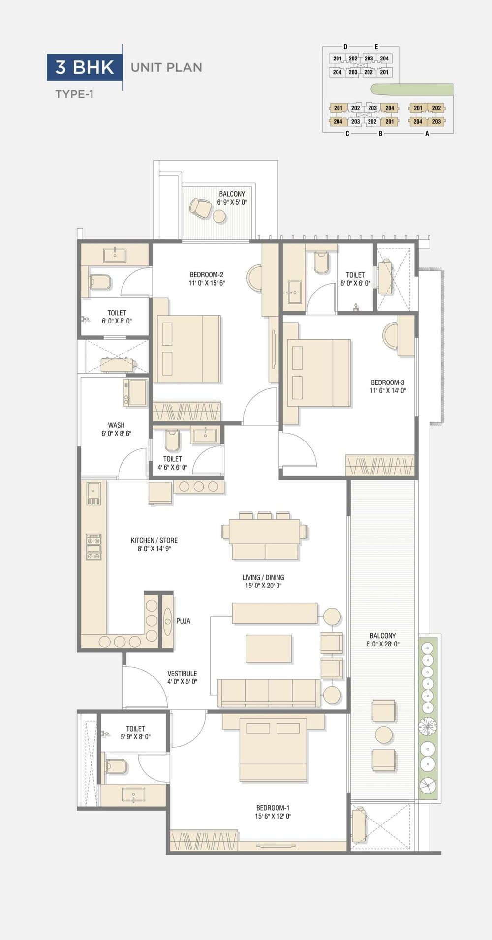 3 BHK Type 1 floor plan
